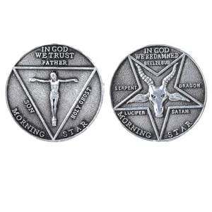 Moneta commemorativa in metallo pentagramma Lucifero stella del mattino, badge bifacciale.
