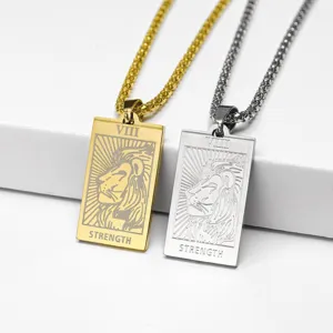 Stainless steel tarot card strength pendant necklace detail showing dual finish options.