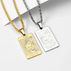 Detail view of stainless steel tarot strength lion pendant necklaces in gold and silver