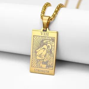Gothic Stainless Steel Tarot Card Lion Pendant Necklace Vintage Punk Style Jewelry For Men And Women