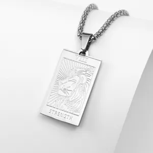 Stainless steel tarot card necklace featuring a strength lion pendant for men and women.