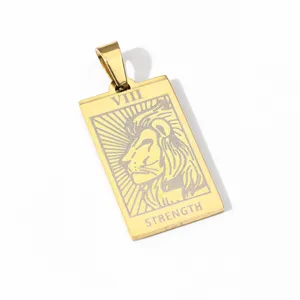 Stainless steel tarot card pendant featuring the strength lion design, detailed jewelry detail shot.