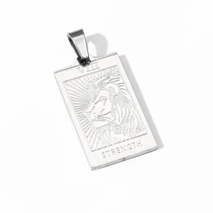 Stainless steel tarot card pendant necklace featuring a lion strength design for men and women.