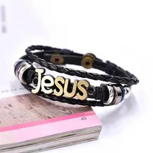 Men's braided leather bracelet with vintage metal letters and stylish design details.