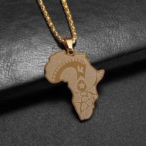 Goldener Edelstahl Afrika Karte Anhänger Halskette Detailansicht für Damen und Herren Stil.
