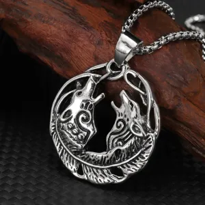 Herren Vintage Nordisch Viking Doppelter Wolfskopf Pendant Halskette Legierung Retro Wolf Totem Halskette Modeschmuck Geschenk