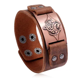 Bracciale uomo rétro in vera pelle bovina larga con placca metallica stile punk rock vichingo