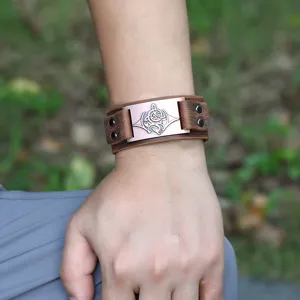 Uomo Vintage Vera Pelle Bracciale Largo Polsino Punk Rock Avvolgere Braccialetto