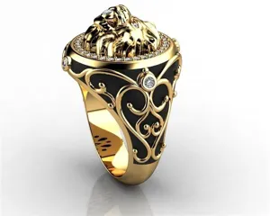 Detailaufnahme eines luxusvergoldeten Löwenkopf-Rings mit funkelnden Zirkoniasteinen.