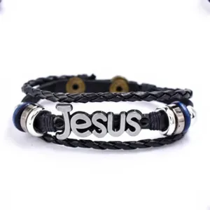 Men vintage multi-layer braided leather bracelet with Jesus metal charm detail closeup