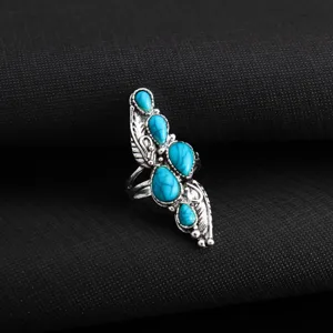 Bohemian Ethnic Feather Teardrop Turquoise Ring Vintage Silver Plated Alloy Ring Jewelry Gift For Women Men