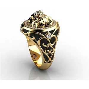 Vergoldeter Löwen Ring im Punk-Stil mit funkelnden Zirkonia Steinen und schwarzer Emaillierung.
