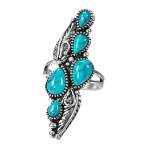 Bohemian vintage silver ring featuring multiple teardrop turquoise stones and feather design.
