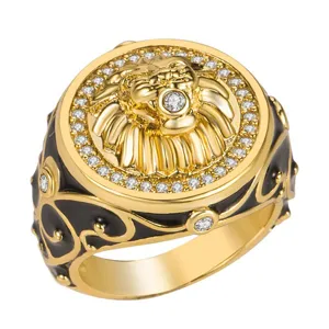 Vergoldeter Löwenkopf Ring mit funkelndem Zirkonia, Punk Stil Schmuck für Damen und Herren.