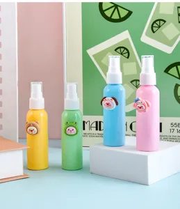 Close-up detail of cute cartoon spray bottles in multiple vibrant colors for travel use.