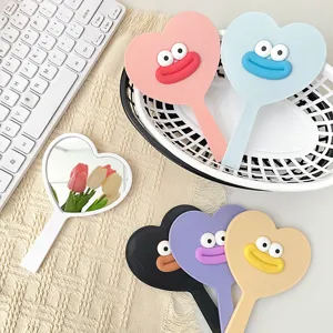 Cute heart hand makeup mirror with funny cartoon big mouth. Portable vanity mirror.