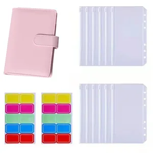 Set de carpeta de presupuesto A6 con cuaderno rosa de cuero PU y bolsillos transparentes.