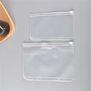 Transparent PVC 6-hole loose-leaf binder zipper bag for A6 notebook, ticket and card storage.