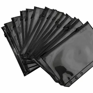 A6 6-Ring PVC Binder Zipper Pouch Transparent and Black Loose Leaf File Storage Bag