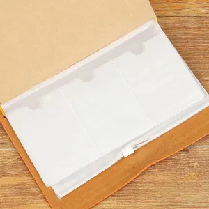Vue rapprochée détaillée des poches transparentes et de la structure interne du carnet.