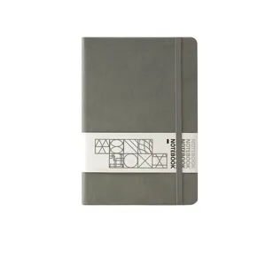 Quaderno rigido A5 grigio con elastico e fascia geometrica per ufficio e scuola.