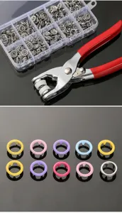 Snap fastener pliers kit with transparent storage box and colorful prong rings for sewing DIY crafts.