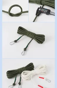 Close-up detail of outdoor utility rope with steel wire core and metal hooks, showing texture.