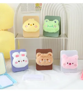 Detailed view of cute cartoon animal folding makeup mirrors with comb, assorted plush designs.