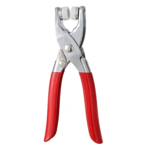 Hand pressure pliers for snap fastener installation, metal tool with red handle grips.