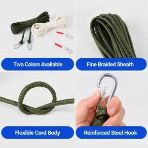 Heavy duty utility rope with steel core and carabiner hooks for outdoor camping laundry.