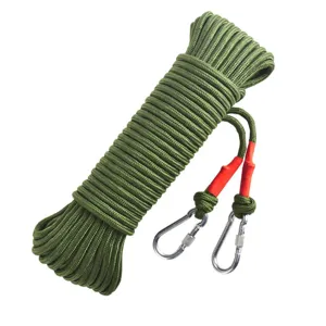 Heavy duty 20m army green nylon outdoor rope clothesline with dual carabiners and hooks.