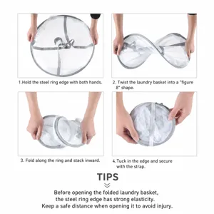Folding hanging mesh drying basket displayed in four step-by-step demonstration views.
