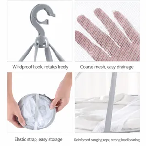Foldable mesh hanging drying net basket for clothes sweaters socks with windproof hook and strap