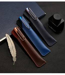 Handmade genuine leather pen sleeve retro business pencil case protective cover detail view