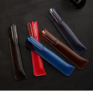 Genuine leather pen sleeve retro single pen pouch with metal clip protective business gift case