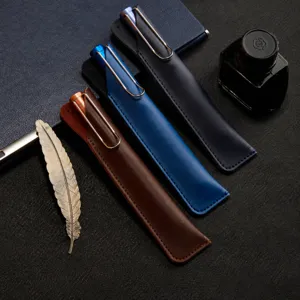 Retro Genuine Leather Pen Sleeve Handmade Vintage Business Pencil Case Protective Pouch For Pens Gift