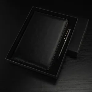 Set regalo taccuino d'affari A5 e penna in metallo, copertina in pelle PU nera per ufficio.