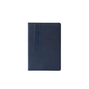 A5 business hardcover notebook with elastic pen loop band, dark blue minimalist journal for office work.