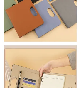 Quaderno A5 multifunzionale con fogli mobili, impugnatura e fessure per carte.