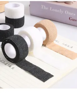 Cohesive elastic bandage detail view, multi-color sports wrap tape for fingers and joints support.