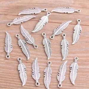 Silver feather charm detail, metal pendant for DIY jewelry, bracelet necklace craft accessory