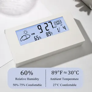 Desktop digital alarm clock smart electronic table clock with temperature and humidity display.