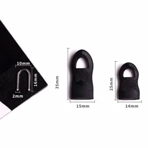 Zipper repair kit size chart showing dimensions of metal U-buckle and black zipper pulls.