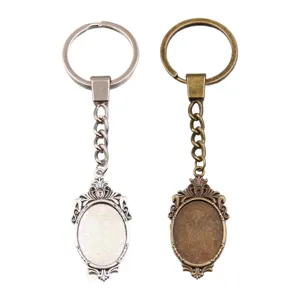 DIY alloy keychain oval bezel tray 25x18mm blank base photo frame pendant 2pcs