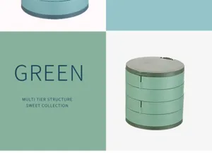 Détail de boîte de rangement de bijoux verte rotative à plusieurs niveaux et compacte.