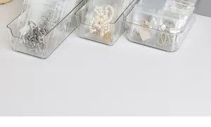 Details of transparent plastic jewelry storage box, multi-grid design for neat organization.