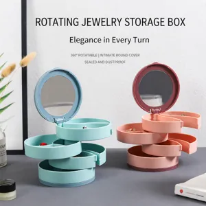 Boîte à bijoux rotative organisateur de bureau multicouche avec miroir et couvercle.
