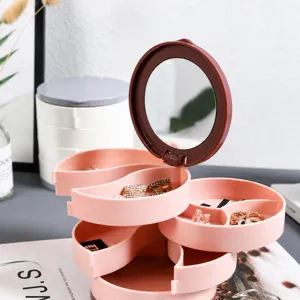 Boite a bijoux rotative multicouche organisateur de boucles doreilles avec miroir rose