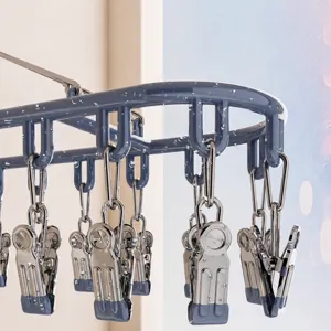 Stainless steel sock drying rack with multiple clips, windproof and rustproof for underwear.