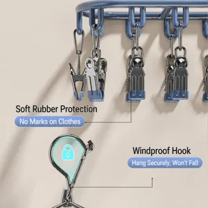 Stainless steel sock drying rack with windproof hook and soft clips for balcony use